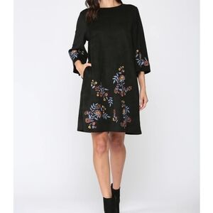 Faux Suede stretch black floral embroidered tunic dress